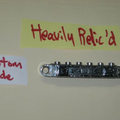 visibly used / relic'd real player's wear Epiphone B-2 metric ABR-1 vintage style bridge CHROME, large posts mounting pieces (NO anchors) early 2000s (for some import guitars that use this style bridge) will NOT fit on Gibson - mounting holes are too big image 6