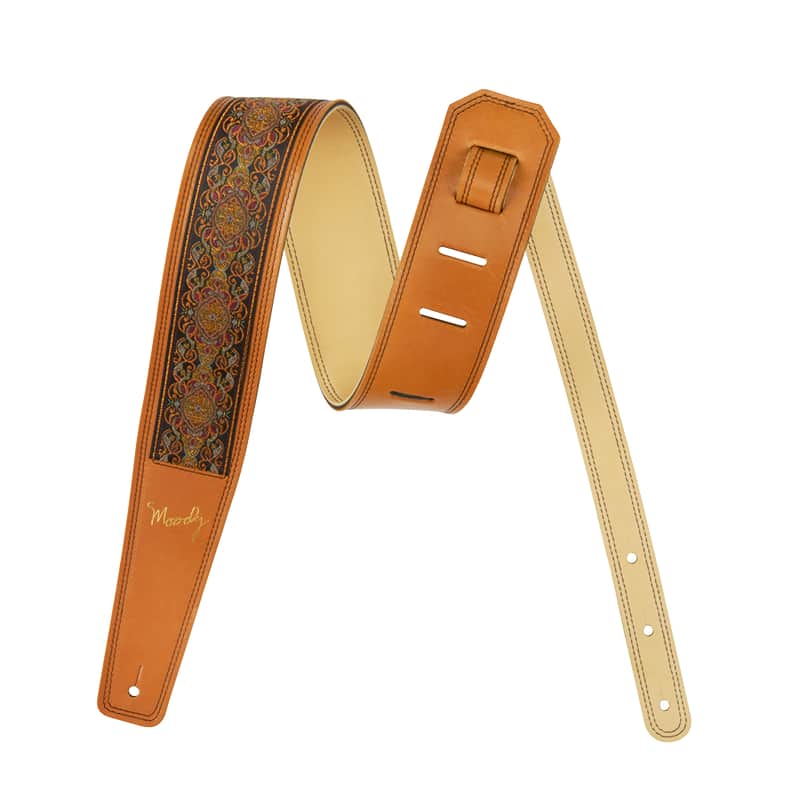 2.5" - Hippie Series - Leather Backed Guitar Strap - Orange/Cream/Orange Geometric Standard (adjusts from 37" - 49") image 1
