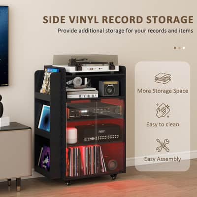 5-Tier Media Cabinet & Vinyl Record Storage Stand w/ RGB LED Lights, Glass Door, Power Outlets & Wheels – Black image 9
