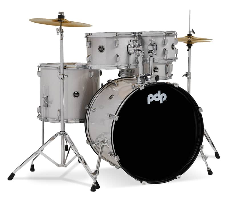 PDP Center Stage Diamond White Sparkle 5pc Kit 7x10, 8x12, 14x16F, 16x22, 5x14 Snare. Hardware, Cymbals & Throne Included