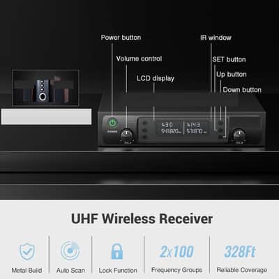 Dual UHF Wireless Microphone System，Auto-Scan Cordless Mic Set w/ 2x100 Frequencies, 2 Bodypacks & Headsets/Lapel Microphones for Speaking, Singing, Church, DJ image 2