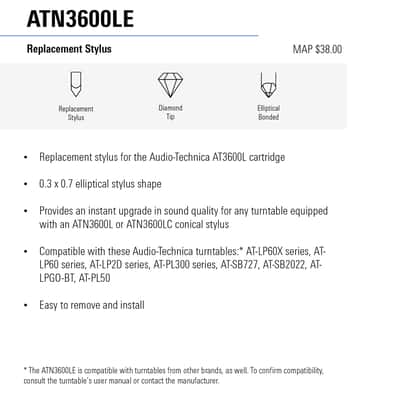 Audio-Technica: ATN3600LE Elliptical Replacement Stylus for AT-LP60X, Denon DP-300F, Sony PS-LX310BT image 8