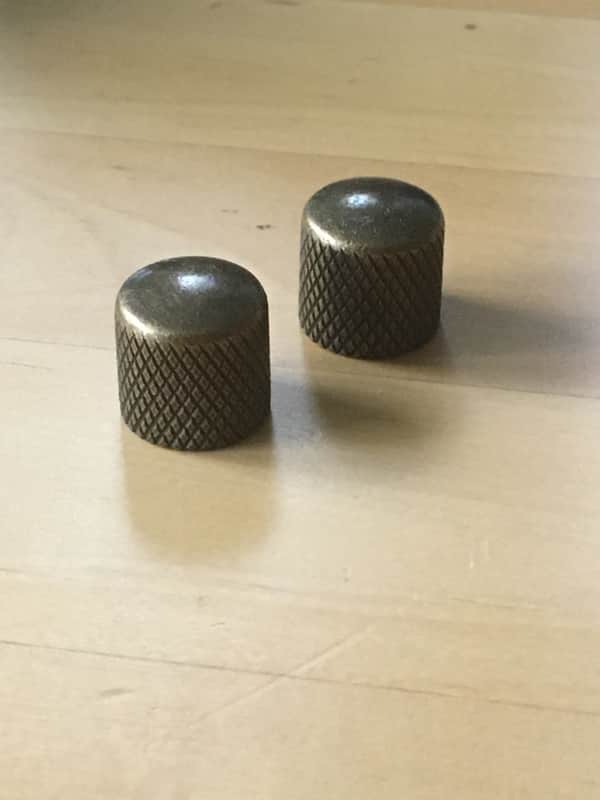 Two Custom Bronze Aged Brass Gold Relic Knobs for Fender Tele P Bass Split Shaft Telecaster Pair image 1