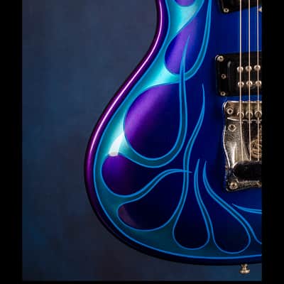 Mosrite [Vibramute Model] specially built for Mick Mars of Mötley Crüe by Semie Mosely 1991 Metallic blue/purple with flame pinstriping image 5