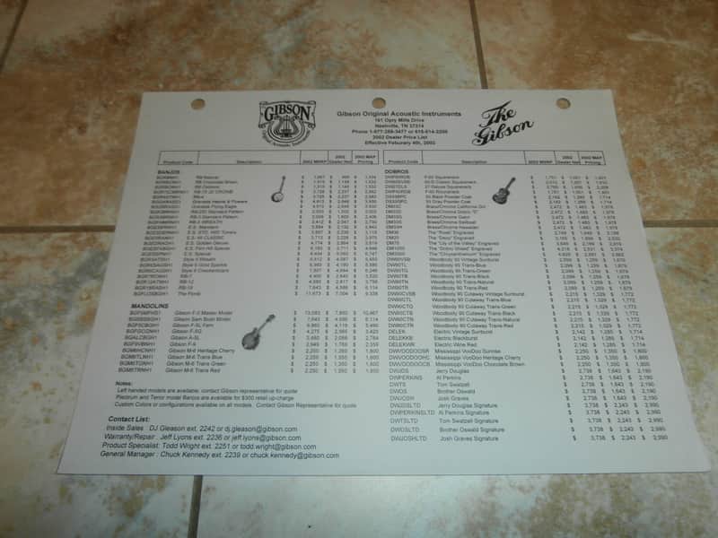 Feb. 2002 Gibson Original Acoustic (Banjo, Mandolin, Dobro) Price List! Rare, Original Case Candy! image 1