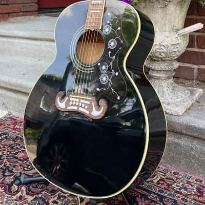 2005 MIK Epiphone EJ-200 EB “Jumbo” Acoustic Guitar ~ Shiny Gloss Ebony Finish, Mustache Bridge, Decorated Fretboard *SALE* image 6