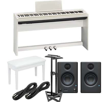 Roland FP-30X Digital Piano with Speakers (White), KSC-70WH - KPD-70WH, Bonnlo Padded Bench, Presonus Eris3.5, Monitor Stands, (2) 1/4 Cables Bundle