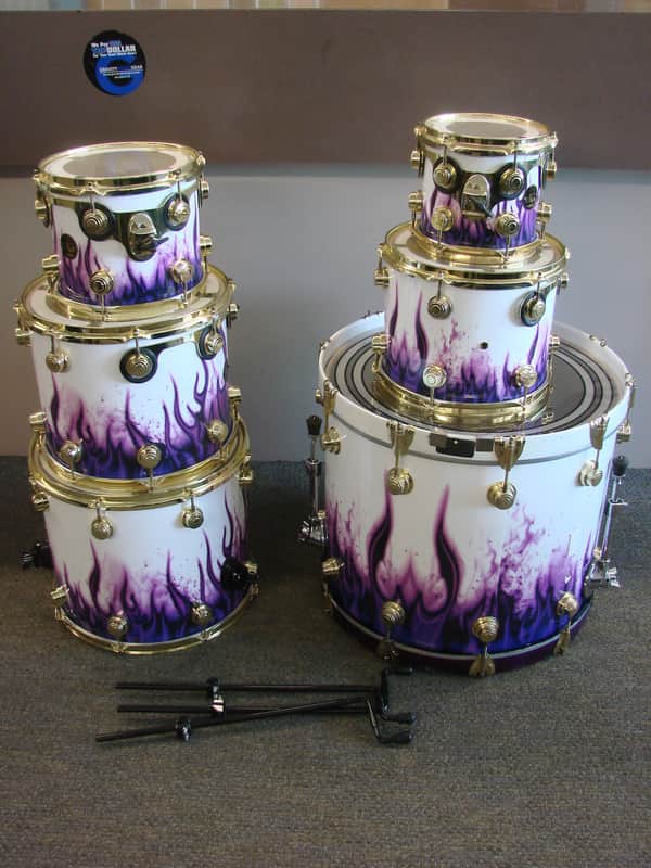 DW Drums Collector's Custom Ordered USA 6pc Drum Kit White & Purple Flames image 1