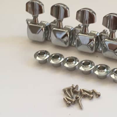 6 Complete Vintage Inline Electric Guitar Mounted Casing Gear Tuners + Bushings image 4