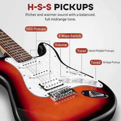 Electric Guitar Kit 39in - Full Size Electric Guitar Kit for Beginner Starter Poplar Solid Body with 10W Amplifier, Gig Bag, Strap, Tuner, Cable, String, Picks image 3