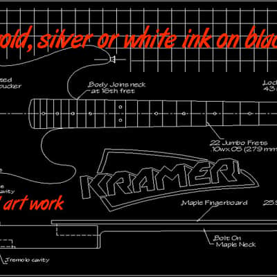 Kramer Baretta guitar blueprint/technical drawing. 22"x46" white or silver ogold ink on black vinyl image 4