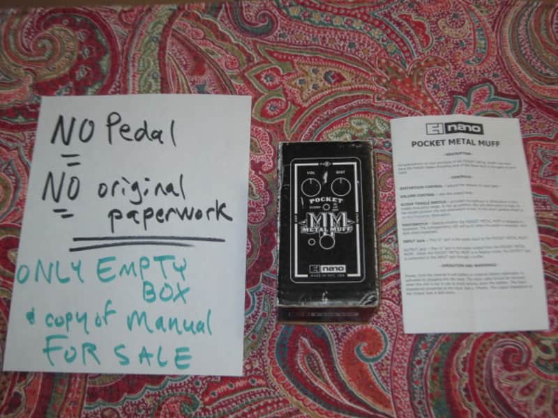 used condition Electro-Harmonix EMPTY CARDBOARD BOX and copy of Owner's Manual ONLY for Pocket Metal Muff (NO pedal, NO original Owner's Manual, NO warranty / registration paperwork) 2010s - BOX: cardboard - OUTER AREAS: Mostly black/GRAPHIC: black&white image 1