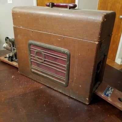 Magnavox Model "JR" Illustravox Standard Mono Tube amp, field coil speaker, cab, record player, AND MOVIE PROJECTOR 1940s - Art Deco grille and brown tolex image 6