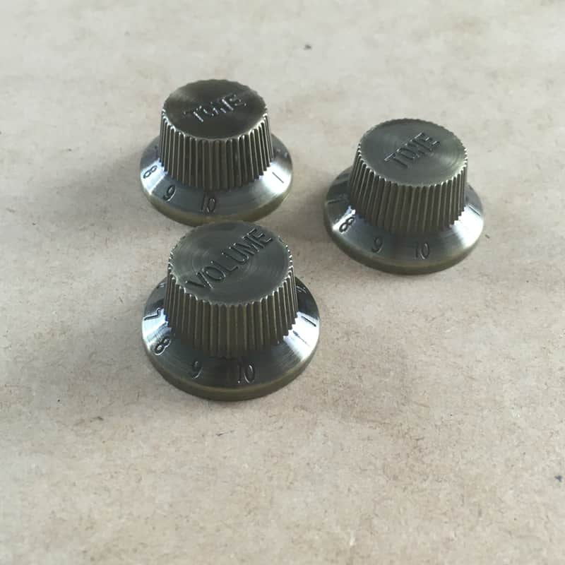 3 Shiny Vintage Antique Brass Finish Guitar Knobs For Fender Strat Light NOS Relic Wear image 1