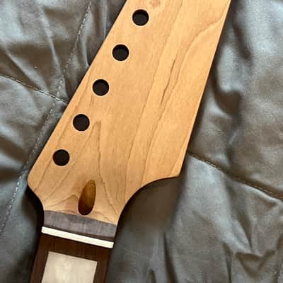 Roasted Maple Guitar Neck, Fits Strat Style, 9.5 radius, half paddle, BLOCK inlay image 1