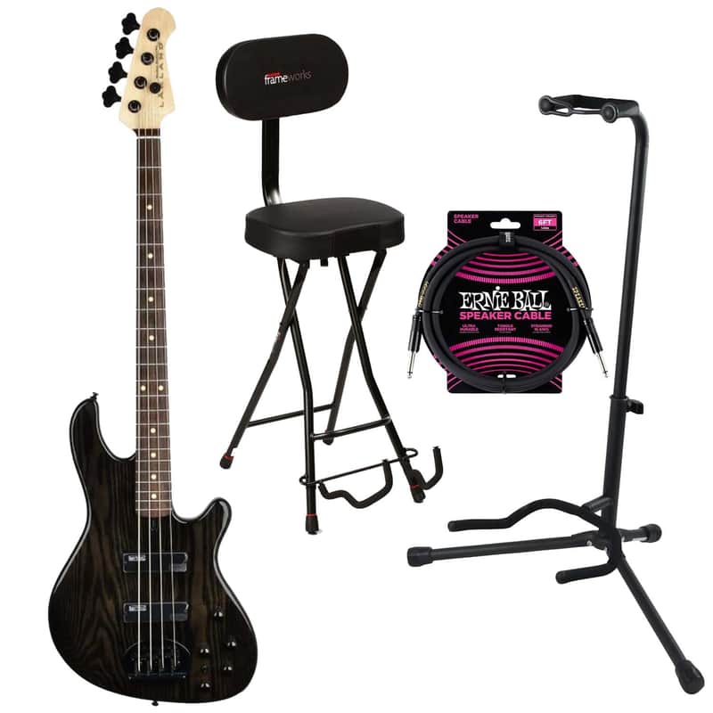 Lakland Skyline 44-OS Offset Bass Guitar, Trans Black with Rosewood Fingerboard, Gator GFW-GTR-SEAT and Stand, ErnieBall 1/4 Cable Bundle image 1