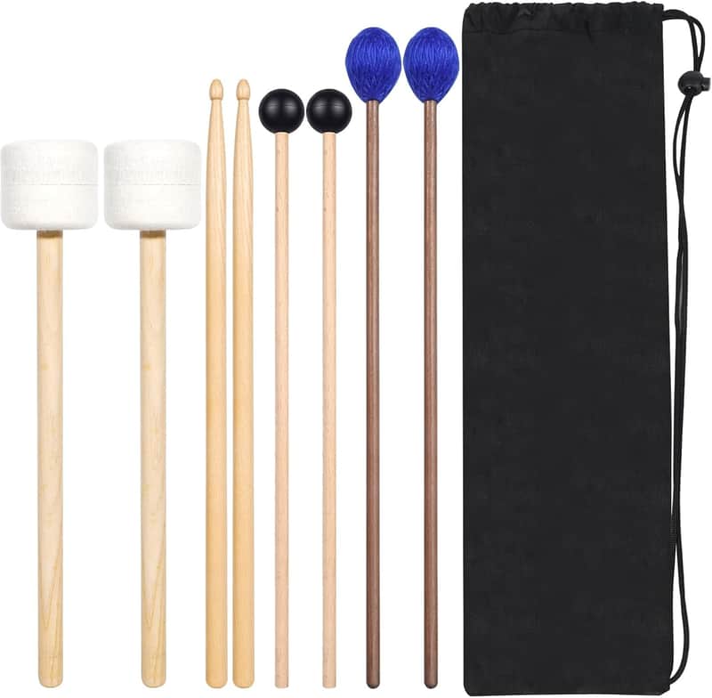 Drum Mallets Kit – 4 Pairs (Felt Timpani, Rubber, Marimba, 5A Drumsticks), Percussion Instrument Beginner Accessories for Steel Drum, Bass Drum, Glockenspiel, Xylophone Mallet image 1
