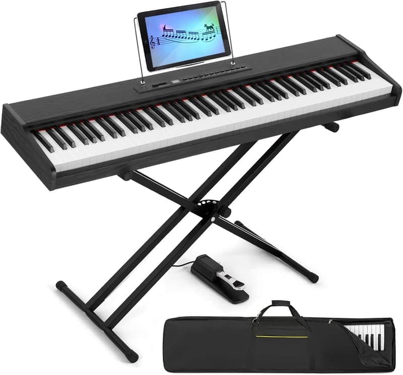 Digital Piano 88 Key Weighted with Stand, 88 Key Semi Weighted Keyboard Piano Portable Electric Piano Keyboard 88 Keys with Bluetooth Connection, Case, Sustain Pedal, MDF, Black image 1