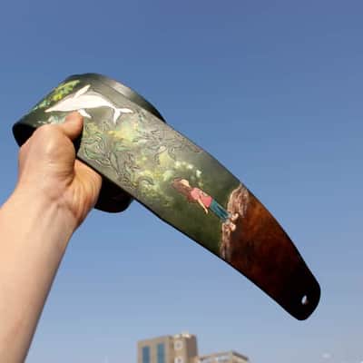 Burny Black Wide Guitar Strap 3.5" - dreaming girl green/brown made to order - oil image 7