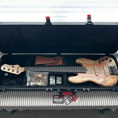 MG Bass MGBASS JB1 SPALTED MAPLE 5-string bass, Made in USA, SPALTED MAPLE top, ASH body, 3-piece MAPLE neck, EBONY fretboard, BARTOLINI pickups and preamp, Italia Leather Straps 4” wide Acorn Amber strap, GATOR hardshell case image 24