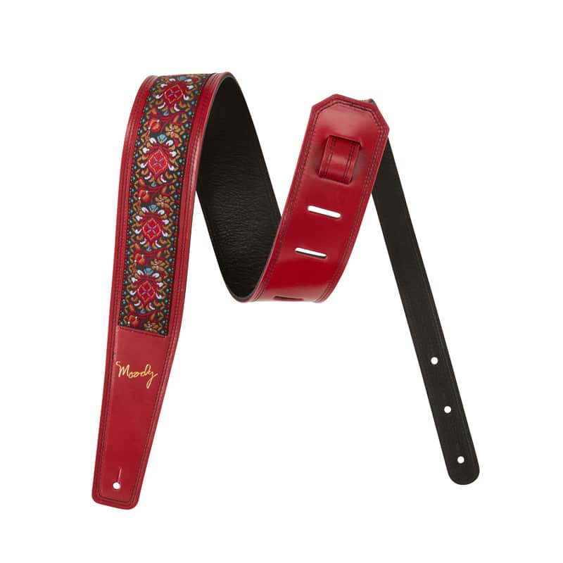 2.5" - Hippie Series - Leather Backed Guitar Strap - Red/Black/Red Floral Long (adjusts from 47" - 54") + $15.00 image 1