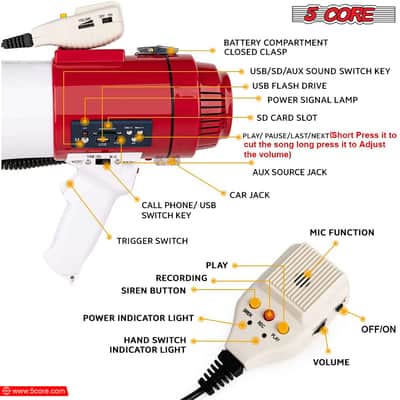 5 Core Megaphone 60W Bull Horn Professional PA Speaker w 1200 Yards Range Loud Siren Voice Amp image 7