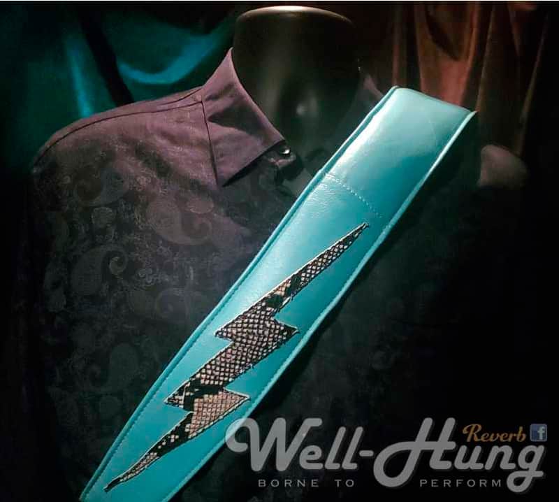 Well-Hung ZAP! "Turquoise" 3" wide padded leather guitar strap, w/python bolt image 1
