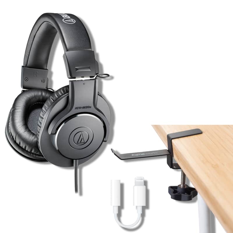 Audio-Technica ATH-M20x Closed-Back Monitor Headphones with Gator Frameworks Headphone Hanger For Desks Calrad 42-222 Lightning to 3.5mm Headphone Adapter and StreamEye Polishing Cloth image 1