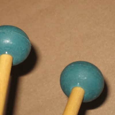 one pair new old stock A+ Mike Balter MB5B (5B) Medium Hard Keyboard Mallets - 1" diameter Oval Dark Green Rubber HEADS and Natural Birch HANDLES (for Marimba, Xylophone) mid to late 1990s (+ packaging) Unwound Series image 20