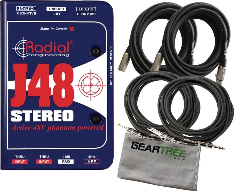 Radial J48 Stereo Active DI, stereo for guitar & bass, extra headroom & high-pass filter w/ 4 Cables image 1