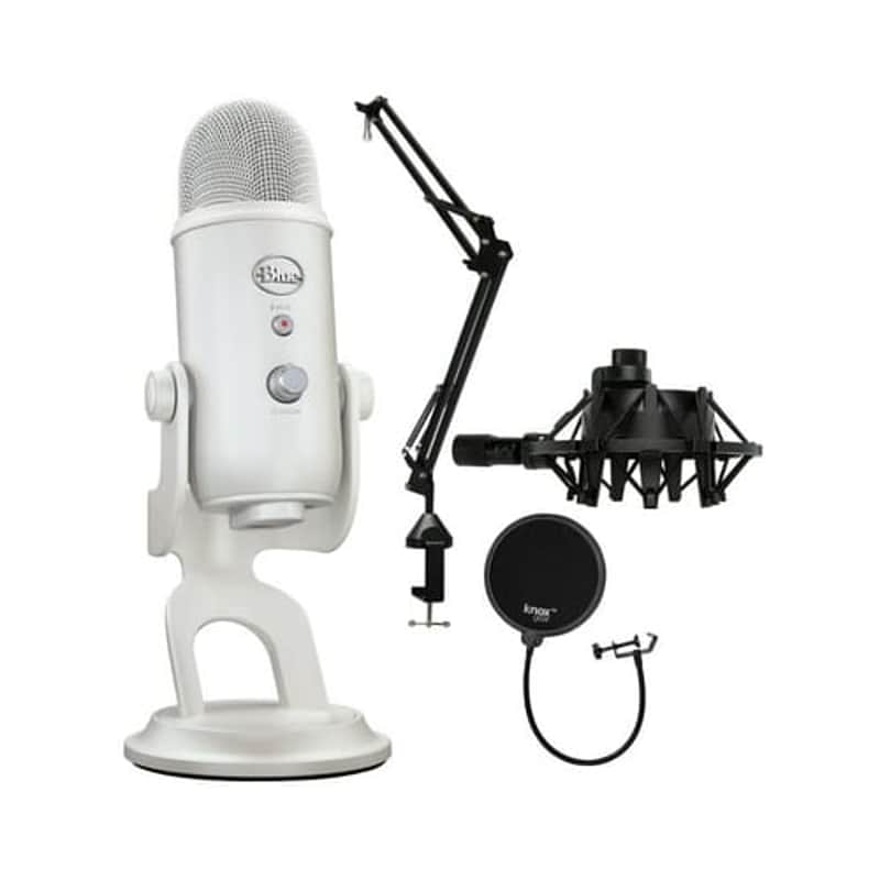 Blue Yeti Microphone (White Mist) with Boom Arm Stand, Pop Filter