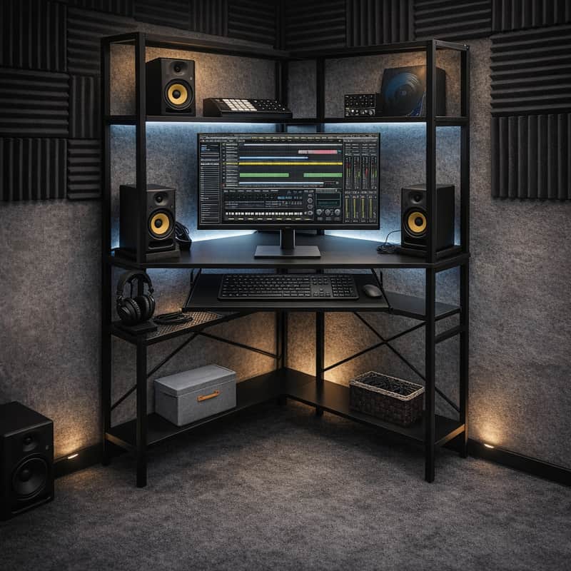 Black Corner Music Production Desk with LED Lights & Power Outlets image 1