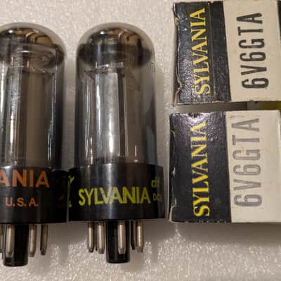 6V6GTA Sylvania NOS NIB Matched Pair Tubes Gray Glass Black Plate Silver Tops Top Halo Getter image 1