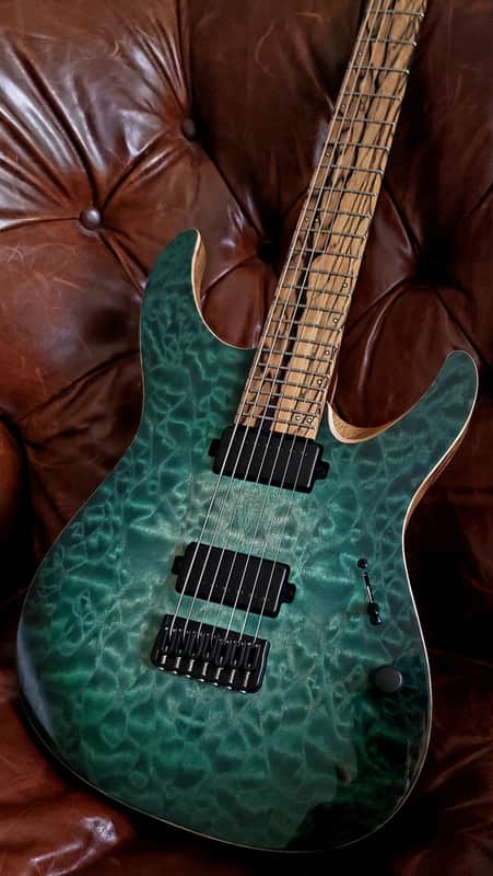 Mayones Aquila Elite S7 26.5" Reverse Headstock 4A QM top, Pale Moon Ebony Fretboard 16", Luminlay Offset Dot Inlays, Black Limba body, Wenge neck, Velvetrone Pickups image 1