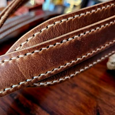 Hand Made, Hand Stitched Guitar strap "Rockatansky" in Taupe & Beige - Vegetable Tanned Leather image 6