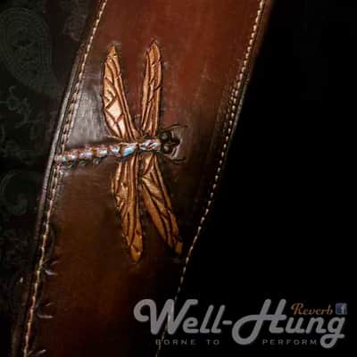 Well-Hung Dragonfly 2-3/4" wide padded leather guitar strap - Dark Brown, Irridescent Dragonflies image 4