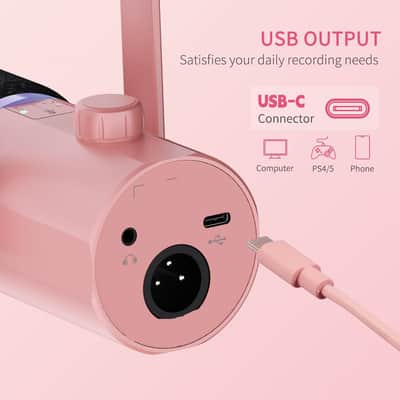 XLR USB Dynamic Microphone with Desktop Stand Gifts for Podcast Recording PC Computer Gaming Streaming Vocal Voice-Over, Studio Metal Mic, RGB Light, Mute Button, Headphones Jack (Pink) image 4