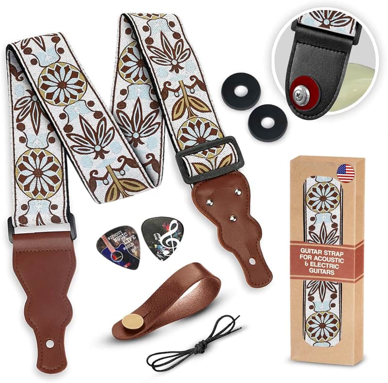 Guitar Strap For Acoustic, Electric and Bass Guitars, White Vintage Woven Embroidered Adjustable Strap Includes 2 Strap Locks & 2 Picks Pick Pocket image 1