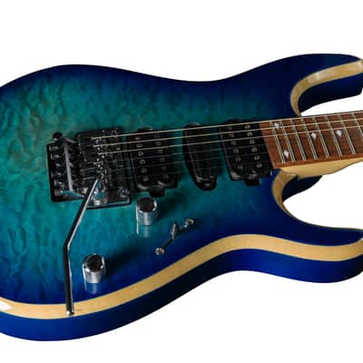 Bootlegger Guitar Royal Coil Split, HHH, Clear Blue Quilted Maple, Double Lock Tremolo , Case image 8