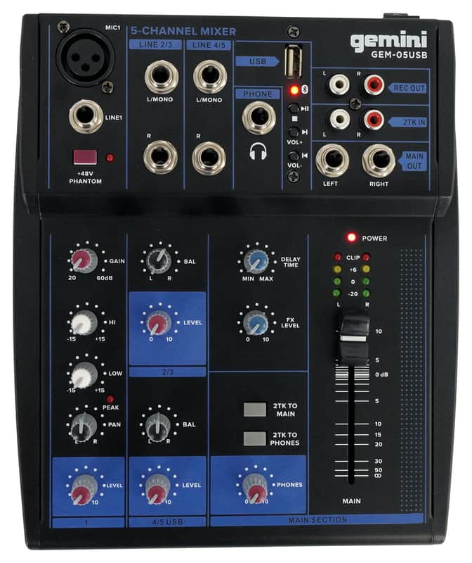 Gemini GEM-05USB Compact 5 Channel Bluetooth Mixer w/USB 5 Ins/2 Bus/2 Band EQ image 1