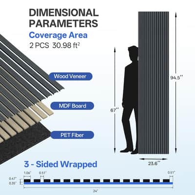 Wood Acoustic Slat Panels,94 X 24 In,2-Pack-12Mm Mdf Surface With 9Mm Sound-Absorbing Core-Dual-Layer Acoustic Wall Panels For Echo Reduction In Home Studio,Office & Living Room-Matte Black image 5