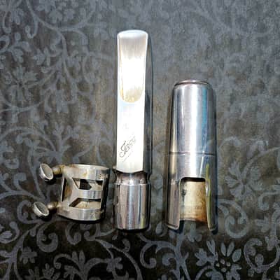 ** VINTAGE ** Selmer Paris Jazz E Tenor Saxophone Mouthpiece, Ligature, Cover 1950s - Silver image 1