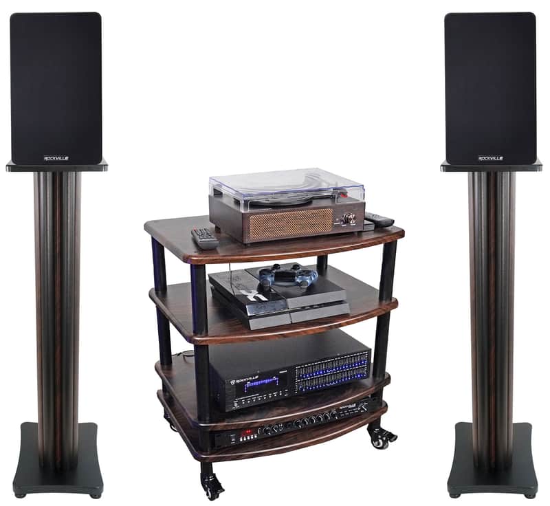 Pair Rockville RockShelf 58D Dark Wood 5.25" Bookshelf Speakers+36" Stands+Rack image 1
