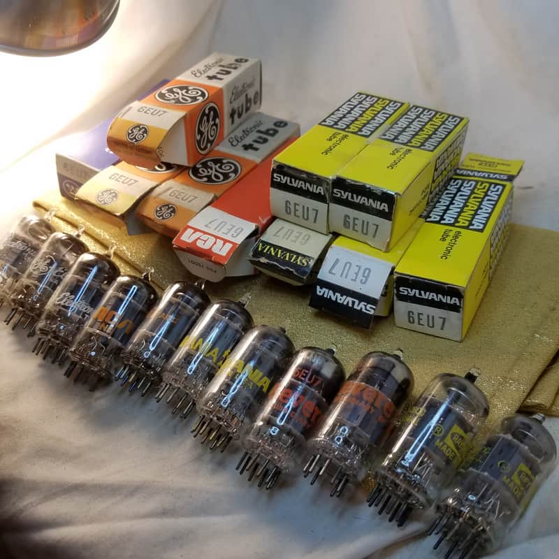 Sylvania etc. Matched Pair (2) 6EU7 tNOS AT1000 TESTED Vacuum Tubes GE, Raytheon dual triode 1958-1972 image 1