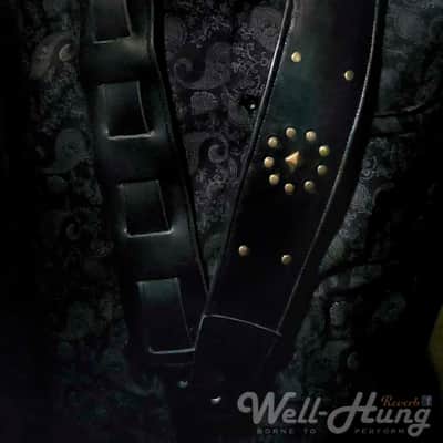 Immagine Well-Hung Forever Randy "Brass Pyramid" 3" wide padded black leather guitar strap - 5