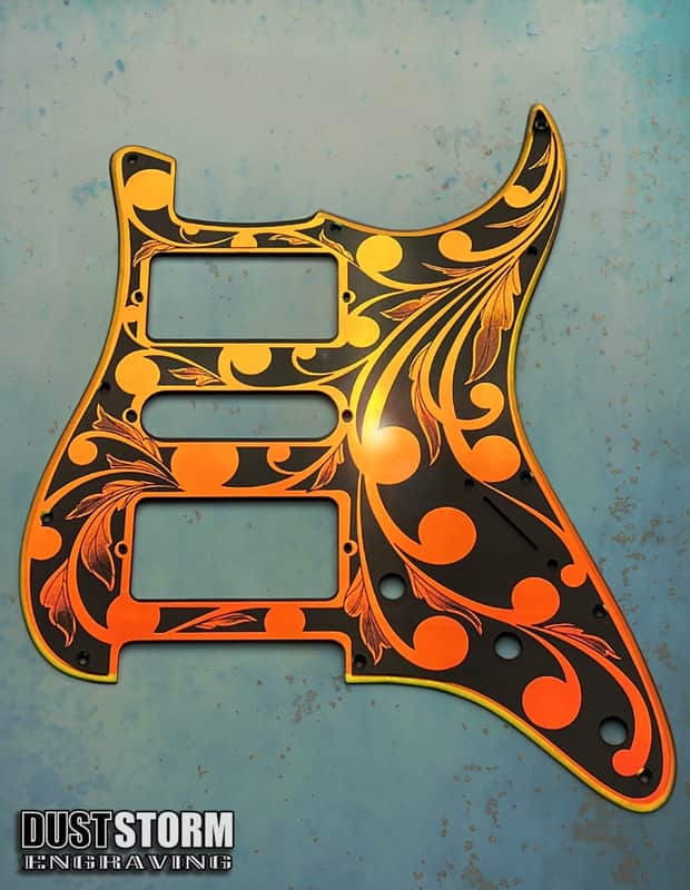 Engraved Pickguard & Free Tremolo Cover in Iridescent Gold Acrylic Mirror Design #2 for Fender Stratocaster HSH, HSS, SSS Setups Available image 1