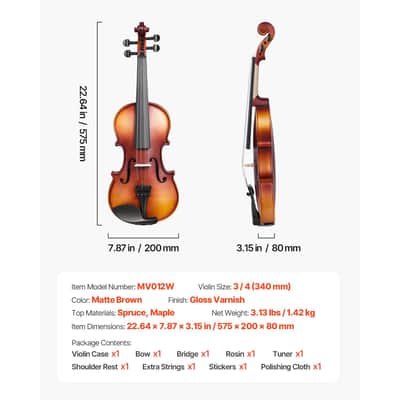 Violin 3/4 Size for Adults, Violin Fiddle Set for Beginners Student with Hard Case, Rosin, Bow, Shoulder Rest,Bridge,Tuner and Extra Strings,Solidwood Professional Musical Instruments-DB-D0102X36TVY image 3