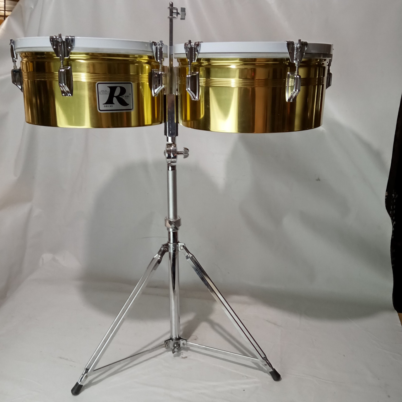 Rogers Natural BRASS Timbales NOS-OG-Box 6.5"x13/14+Big R Stand+Cowbell-Mt Drums — main photograph