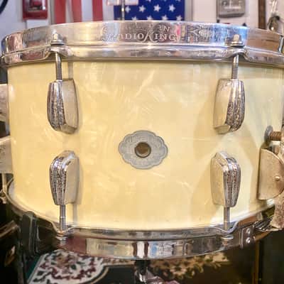 1940s Slingerland Super Gene Krupa Radio King 7x14” 16-Lug Solid Maple Snare, Aluminum War Time Badge - White Marine Pearl image 1
