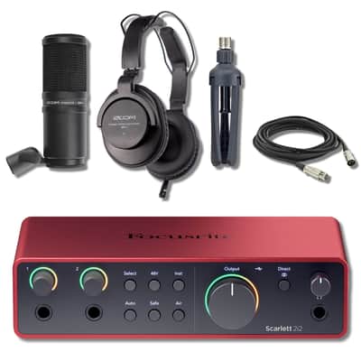 Focusrite Scarlett 2i2 USB-C Audio Interface (4th Generation) with Zoom ZDM-1 Podcast Mic Pack with Headphones, Windscreen, XLR, and Tabletop Stand image 1